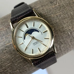 Vinatage Seiko Women 2A24-0048 Dress Moon Phase Leather Quartz 24mm Watch 5 3/4" - Picture 1 of 12