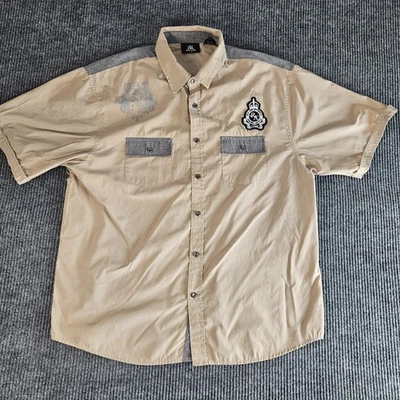 Red Ape Shirt Mens 2XL Beige Gray Short Sleeve Button Up Crest Patch Casual - Image 1 of 4