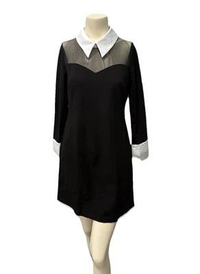 Vestido Boston Proper Negro Malla Transparente Panel Blanco Cuello Puños Talla 10 Foto 1 de 4