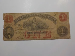 Civil War Confederate 1862 1 Dollar Bill Virginia Treasury Note Paper Money CSA  - Picture 1 of 2