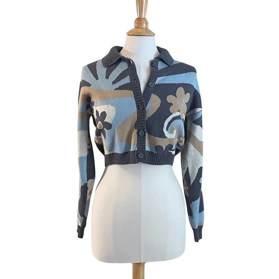 Hollister Cotton Blend Blue Cropped Cardigan, Mushrooms, Flowers, Size S - Image 1 of 4