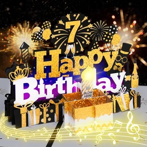 Geburtstagskarte Musikalische zum 7 Jahre mit Licht und Musik, Blowable Kerze 3D - Picture 1 of 6