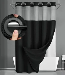 No Hook Shower Curtain with Snap in Liner Set Less Time Black Waffle Shower Curt - Picture 1 of 6