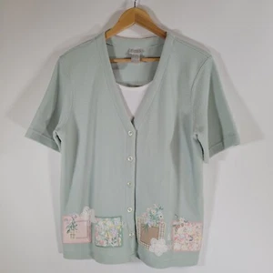 Vintage KORET Green Waffle Knit Cardigan Size M Embroidery Floral Garden Pastel - Picture 1 of 9