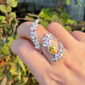Yellow Cubic Zircon Big Cocktail Party Open Ring Silver Plated Jewelry Accessory