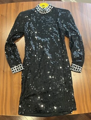 Vestido corto vintage años 90’s sexy para mujer negro lentejuelas y cuentas manga larga Foto 1 de 4