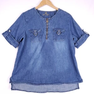 Anne Klein Denim Zip Top Women's Large Blue Casual Short Sleeve Utility Pockets - Picture 1 of 10