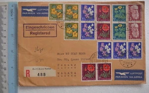 1959 Registered Airmail Cover HELVETIA flower stamp Switzerland Malaya Singapore - Picture 1 of 2