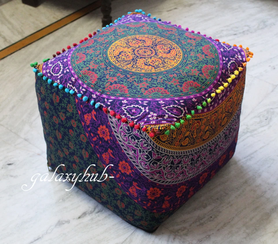 22X22" Square Six Color Mandala Pouf Ottoman Cover Floor Decorative Covers Throw - Image 1 of 3