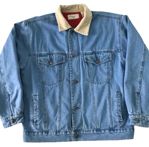 Vtg Herringbone Natural Fleece Lined Denim Jean Jacket Men’s Size M Blue Red - Picture 1 of 7