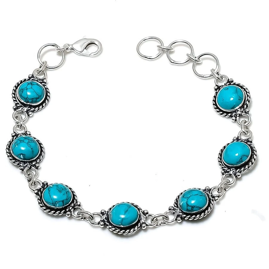 Turquoise Gemstone Handmade 925 Sterling Silver Jewelry Bracelets Sz 7-8" - Image 1 of 1