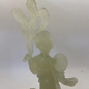 Chinese Carved Stone Guanyin Quan Yin Figure 8” Goddess Jade Green Wooden Base - Picture 1 of 17