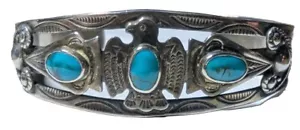Brazalete vintage Fred Harvey plata esterlina turquesa Thunderbird 7" 28 g - Imagen 1 de 7
