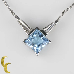 Topacio Azul Corte Princesa Solitario Colgante con Diamantes Y 14k Oro Blanco - Imagen 1 de 5