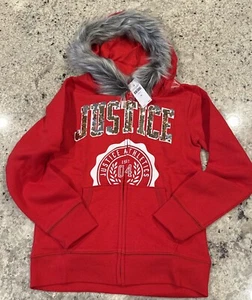 Nwt Justice Logo Faux Fur Trim Zip Up Hoodie Size 8 RED - Picture 1 of 4
