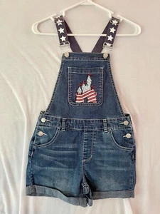 Disney Denim Overall Shorts Embroidered Americana Castle Stretch Girls Lg 10-12 - Picture 1 of 6