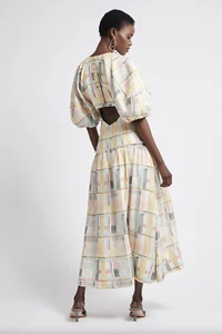 AJE L'Espirit Corset Dress Summer Check Midi Puff Sleeve Linen Sz AU 10 $595 - Picture 1 of 10