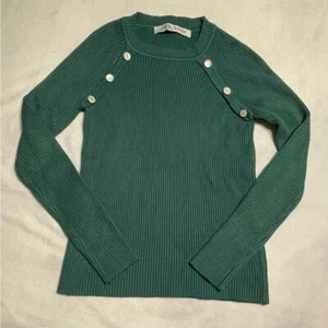 Zara kids girls size Large green ribbed sweater with pearl accents - Picture 1 of 6