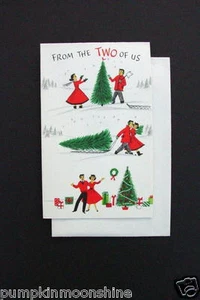 Tarjeta de felicitación de Navidad con sello vintage sin usar pareja decoración árbol de vacaciones - Imagen 1 de 3