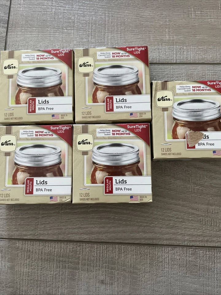 Tapas de enlatado Kerr, tapas de tarro de albañil bucal regular sin bandas, 12 unidades, 5 cajas Foto 1 de 1