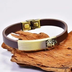 GOLD TONE LION HEAD MOTIF BROWN LEATHER CUFF BANGLE, 7.5 - Picture 1 of 6