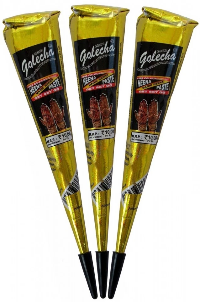 3x Golecha Henna Mehandi Paste Black Cones, Schwarze Kegel - 75g