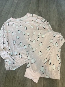 PENGUINS WOMEN PJS SLEEP OUTFIT PINK CASUAL LOUNGE PULLOVER SHIRT PANTS XL - Picture 1 of 5