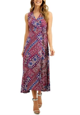 Calvin Klein Mosaic Print Patchwork Faux-Wrap A-Line Maxi Dress w/Tie Size 14 - Image 1 of 4