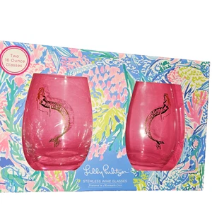 Juego de 2 copas de vino sin tallo Lilly Pulitzer Mermaids Cove rosa 16 oz lámina dorada nuevo - Imagen 1 de 6