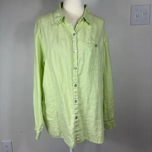 Studio Works Women’s Key Lime Green 100% Linen Button Up Top Roll Tab Sleeves Lg - Picture 1 of 11