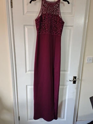 Ladies Sleeveless Burgundy Maxi Dress with Crochet Lace Bodice Size 10 - Image 1 of 4