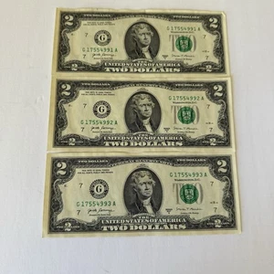 3 Consecutive Serial Number $2 Bills 2017 Currency Rare  - Picture 1 of 14