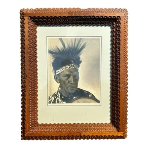 Antique Native American Print War Bonnet by Speirs in Tramp Art Frame - Picture 1 of 24