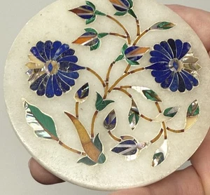 White Marble Inlay Trinket Box 3 1/4in Semi Precious Stones - Picture 1 of 8