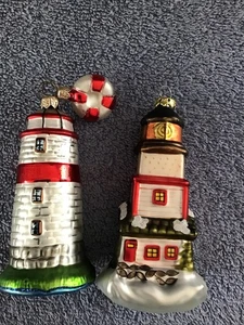 Blown Glass LIGHTHOUSE Christmas Ornament Lot 2 Red White Nautical Beach Boating - Picture 1 of 10