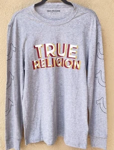 $ 69 TRUE RELIGION langärmliges Herren-T-Shirt meliert grau bedruckt Logo, Größe S - Bild 1 von 7