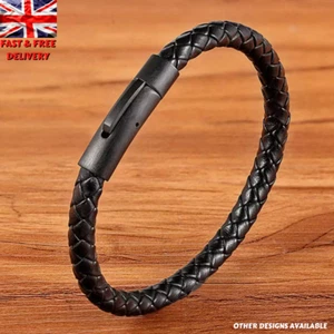 Mens Leather Bracelet Braided Wristband Stainless Steel Clasp Hand Woven Band - Picture 1 of 18