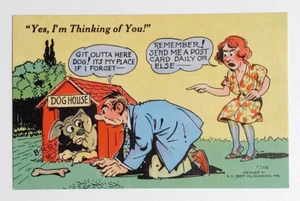 In der Hundehütte Frau fordert Postkarten Humor Comic Postkarte um 1940 Leinen Hund UNP - Bild 1 von 2