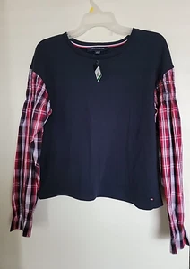 TOMMY HILFIGER Navy Red Plaid Knit Top Size L NEW - Picture 1 of 3