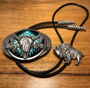 LOT: Pewter Siskiyou Enamel Buffalo Skull Belt Buckle 1992 & Ege Bolo Tie 1989 - Picture 1 of 9