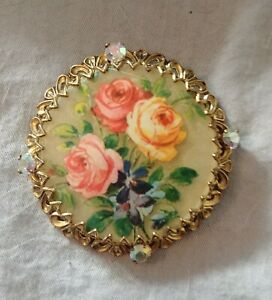 N. Initials O Roll Over Clasp 1950/'s-60/'s Porcelain Hand Painted Brooch Pink Roses w Green Leaves 1-78 L X 1-12 W VTG Cond Exc