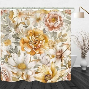 Floral Shower Curtain Vintage Flower Retro Plant Watercolor Dark Mustard Yell... - Picture 1 of 6