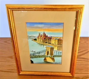 Vintage Aquarell Druck Stadt Brücke Landschaft signiert vom Künstler gerahmt und mattiert - Bild 1 von 11