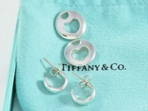 Tiffany & Co Silver Open Heart Cutout Hoop Dangle Stencil Love Earrings 2 in 1 - Picture 1 of 11