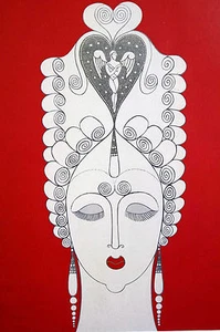 Erte 1982 - AMOROSA - Lady with Red Lips ANGEL Headdress Art Deco Print Matted - Picture 1 of 8