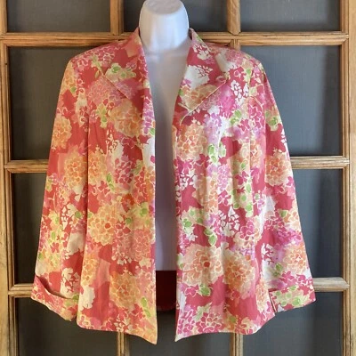 "Chaqueta abierta Coldwater Creek para mujer coral floral talla S 18x25"" 55 % SEDA, forrada" Foto 1 de 4