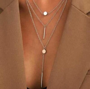 Necklace Multi Layer Heart Chain moon stone long Choker Pendant Gold Silver UK - Picture 1 of 2
