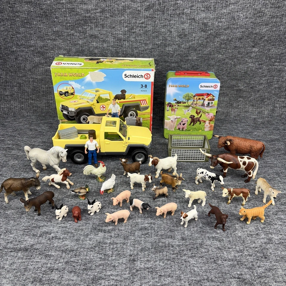 Huge Lot of Schleich 28 Farm Animals, Vet, Truck, Accessories, & Carrying Case - Image 1 of 4