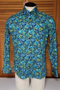 Jared Lang Hawaiian Shirt Men L Blue Green Floral Button Up Collared Long Sleeve - Picture 1 of 8