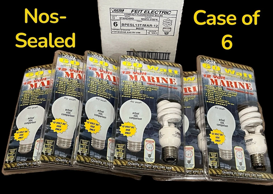 Feit Electric Marine 60W -13W 2700k White Spiral CFL Light Bulbs (Case of 6) NOS - Image 1 of 4